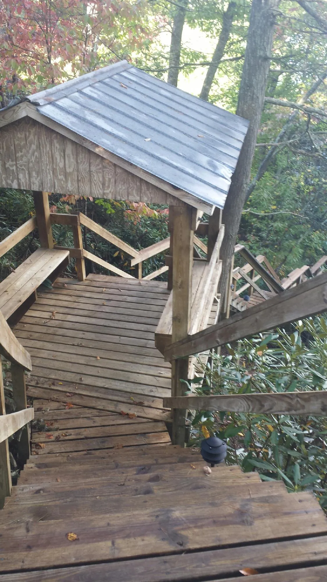 Metal roofed shelter over wooden steps on a wooded walkway — Skylight Repair & Installation work by our crew in Fidelity